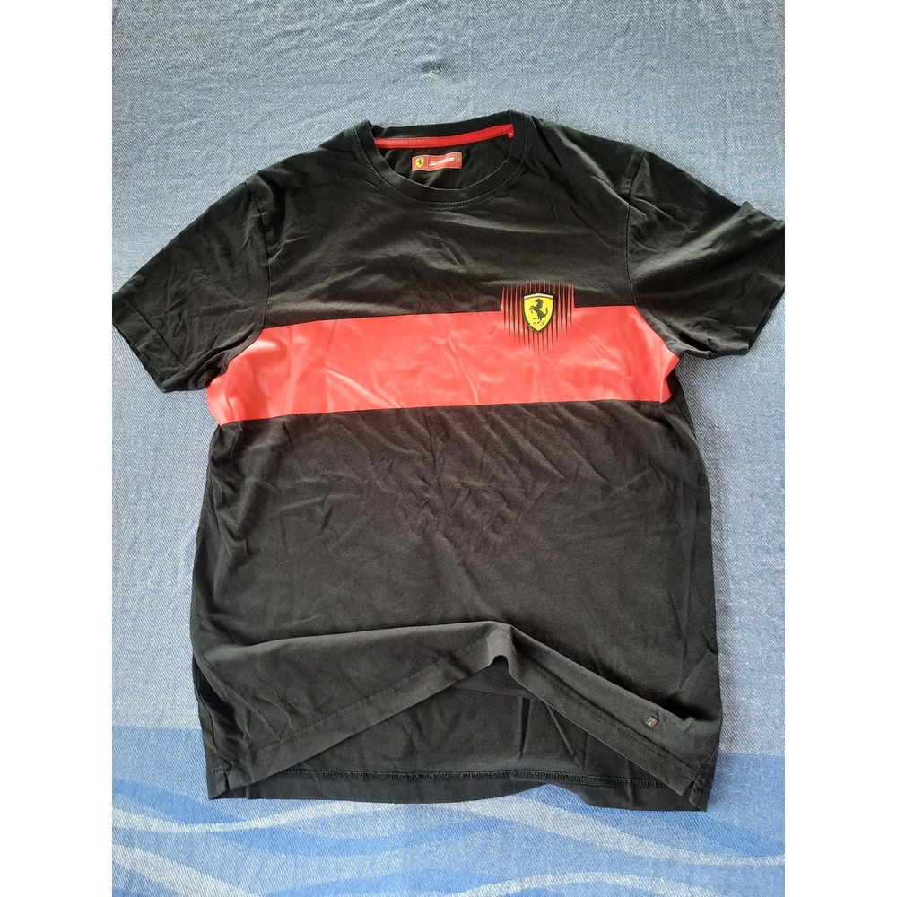 Scuderia Ferrari Mens Graphic T-Shirt Black Red Stripe Shield Logo Size L